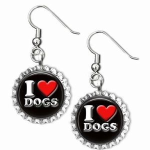 New Handcrafted I Love Dogs Bottlecap Earrings